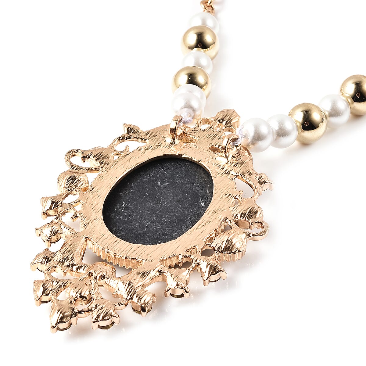 2 Piece Set - Simulated White Pearl, White Austrian Crystal Vintage Style Cameo Necklace (Size 20 with 2 inch Ext.) and Earrings (with push Back) in Gold Tone