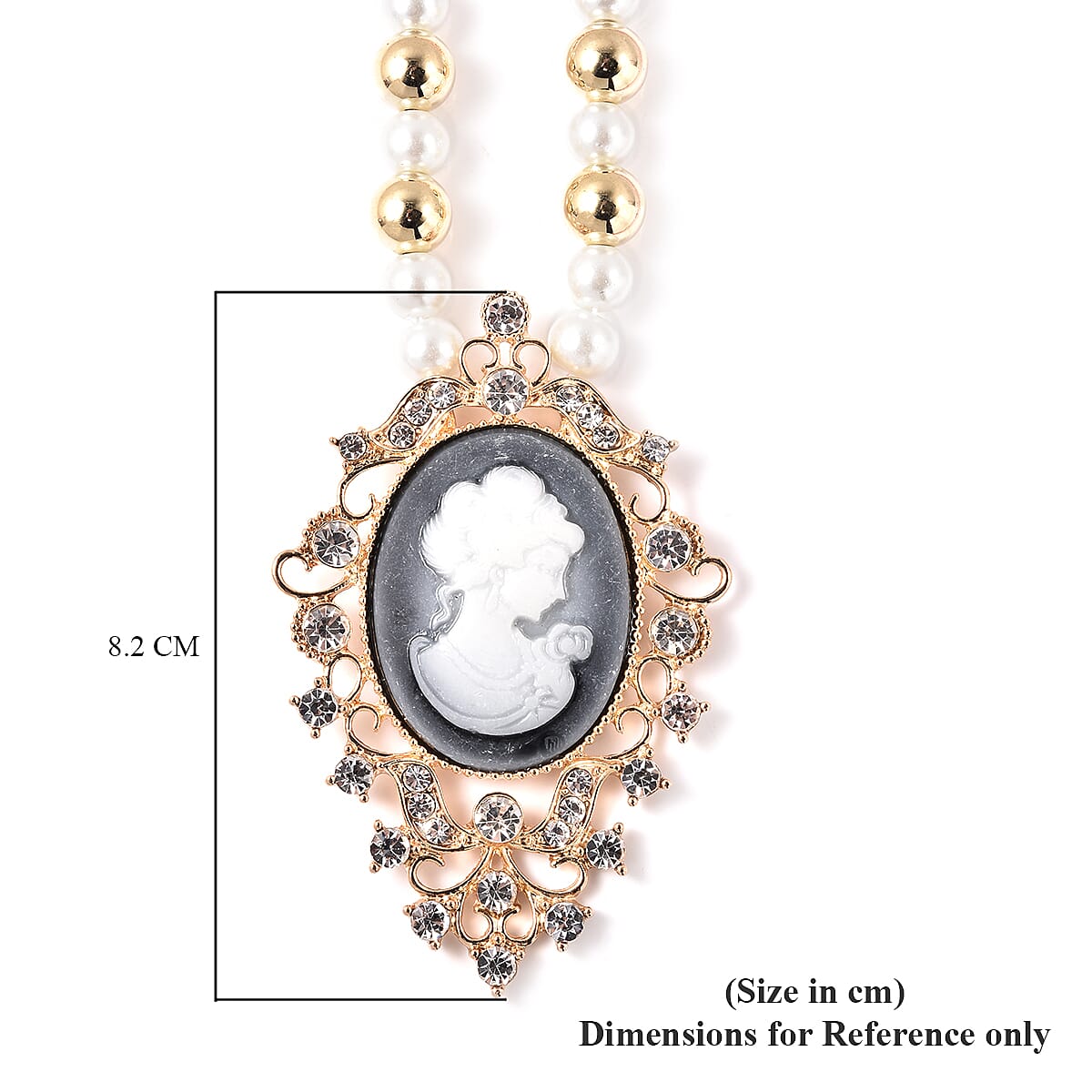 2 Piece Set - Simulated White Pearl, White Austrian Crystal Vintage Style Cameo Necklace (Size 20 with 2 inch Ext.) and Earrings (with push Back) in Gold Tone
