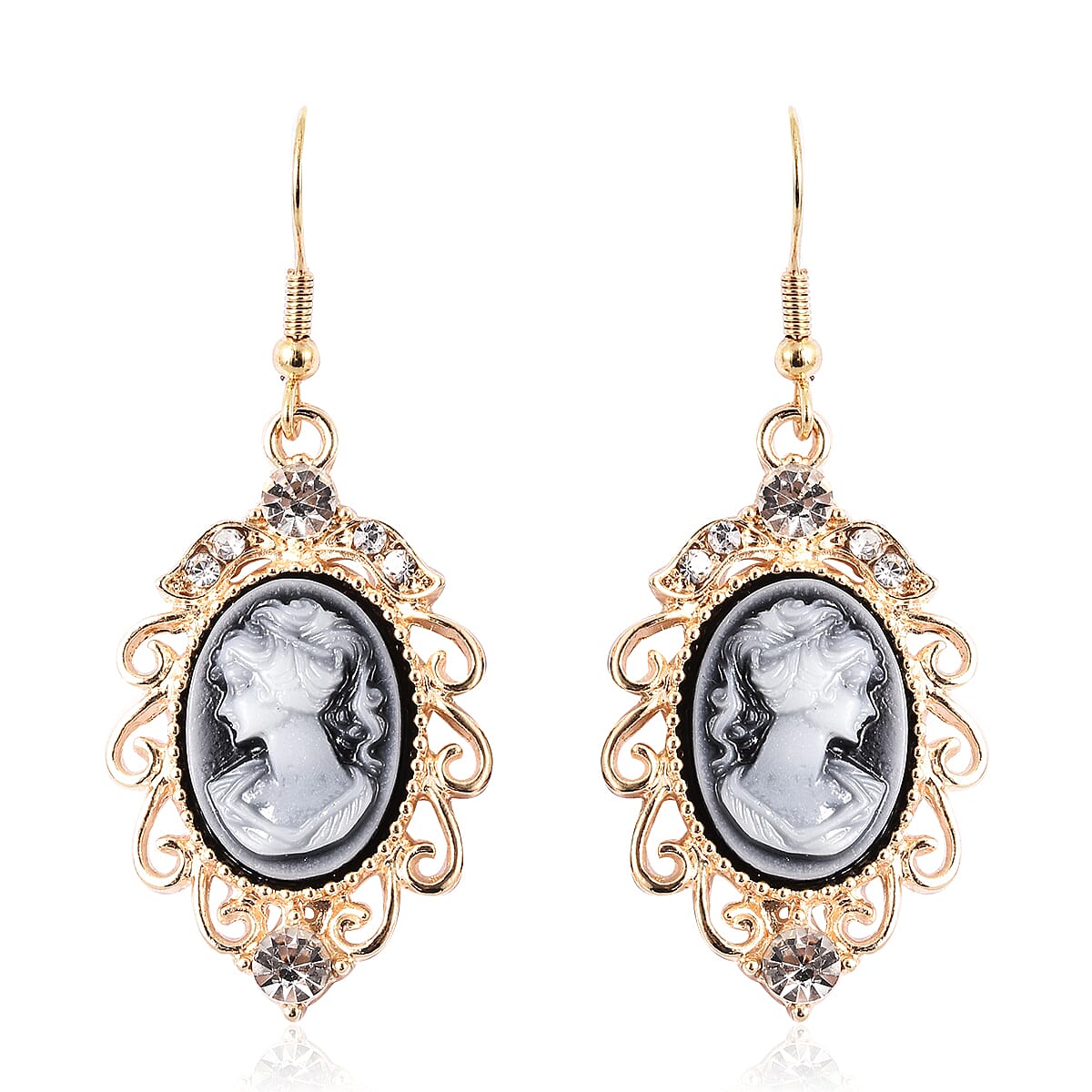 2 Piece Set - Simulated White Pearl, White Austrian Crystal Vintage Style Cameo Necklace (Size 20 with 2 inch Ext.) and Earrings (with push Back) in Gold Tone