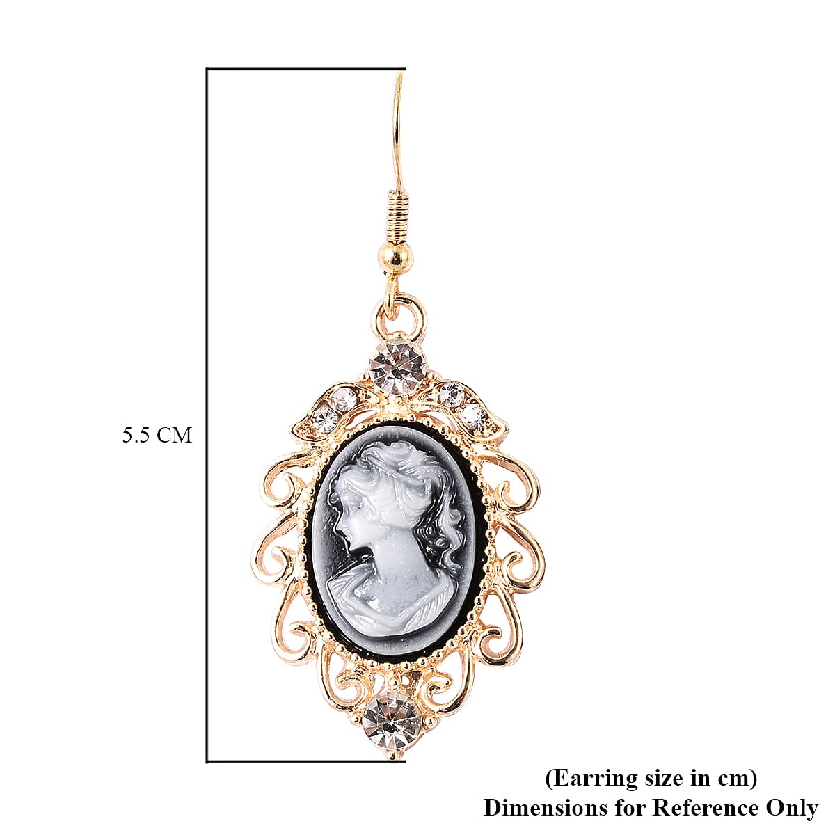 2 Piece Set - Simulated White Pearl, White Austrian Crystal Vintage Style Cameo Necklace (Size 20 with 2 inch Ext.) and Earrings (with push Back) in Gold Tone