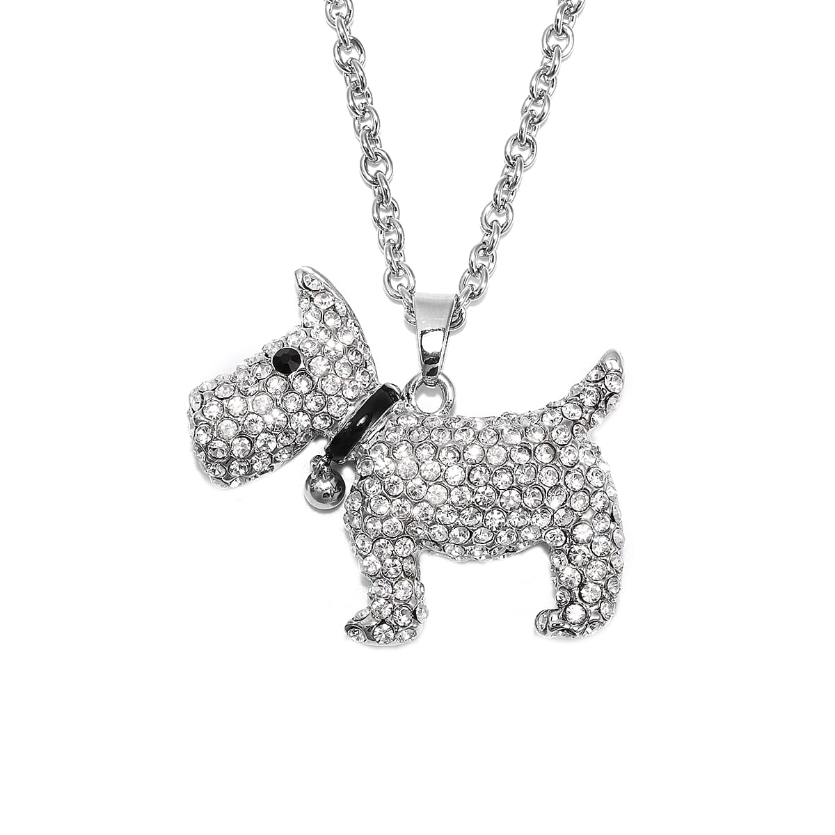 White and Black Austrian Crystal Enamelled Dog Pendant with Chain (Size 29 with 3 inch Extender) in Silver Tone