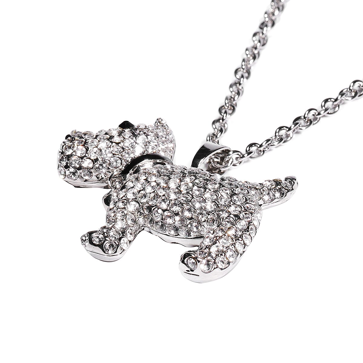 White and Black Austrian Crystal Enamelled Dog Pendant with Chain (Size 29 with 3 inch Extender) in Silver Tone