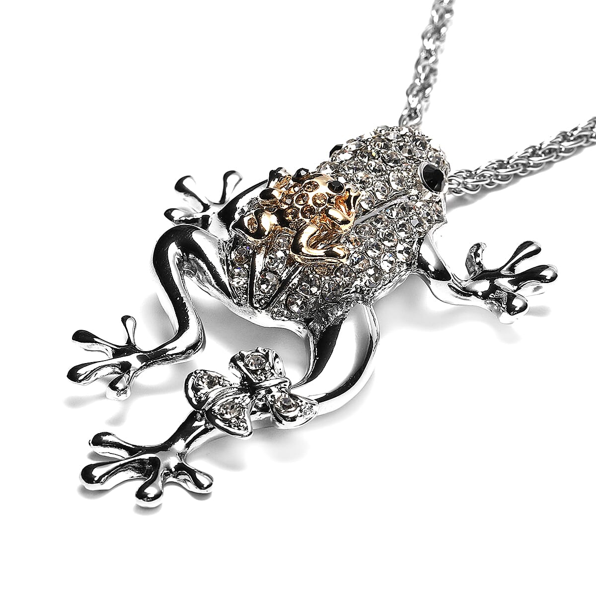 Multi Austrian Crystal Frog Pendant with Chain (Size 29 with 3 inch Extender) in Silver Tone
