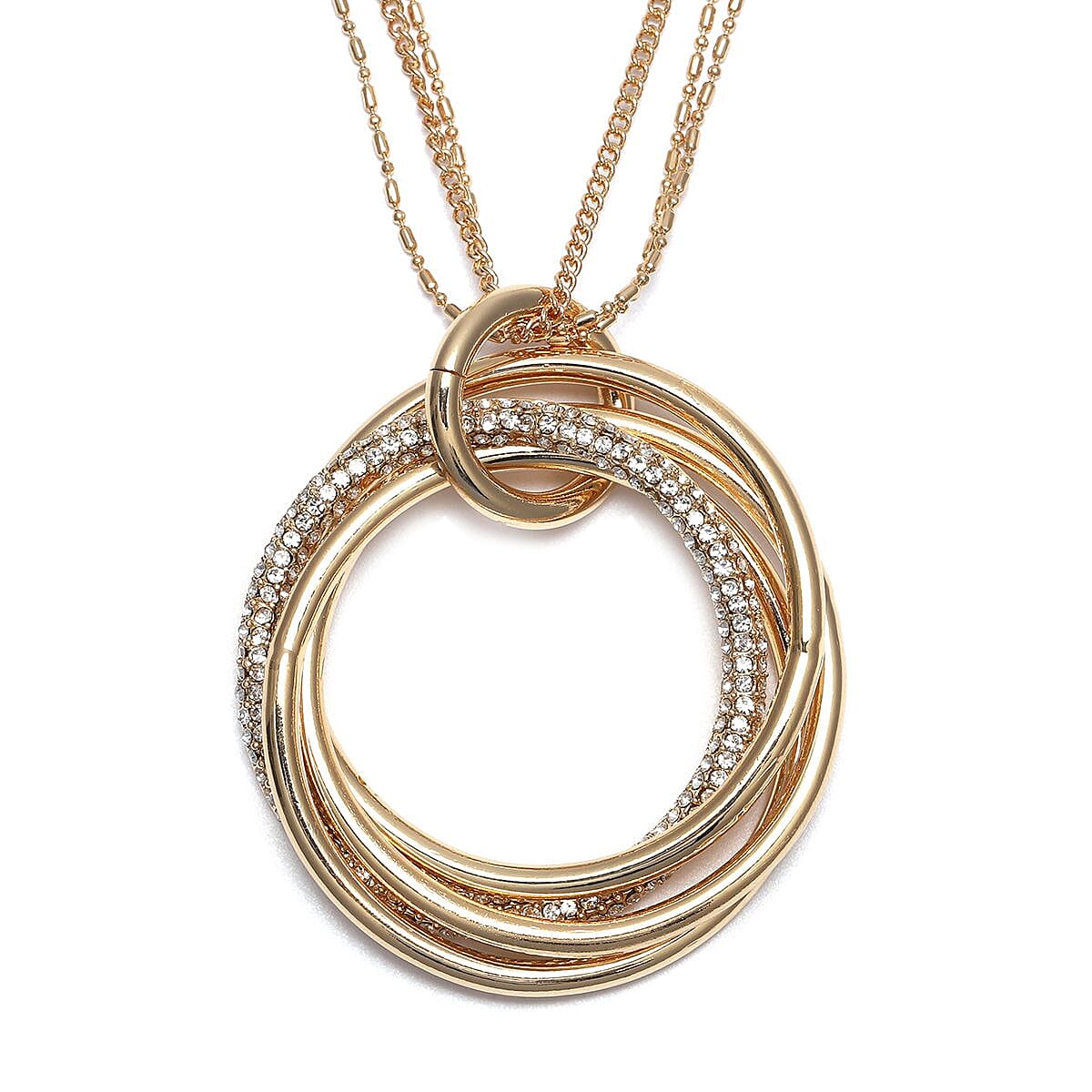 White Austrian Crystal Entwined Circles Pendant with Chain (Size 29 with 2 inch Extender) in Yellow Gold Tone