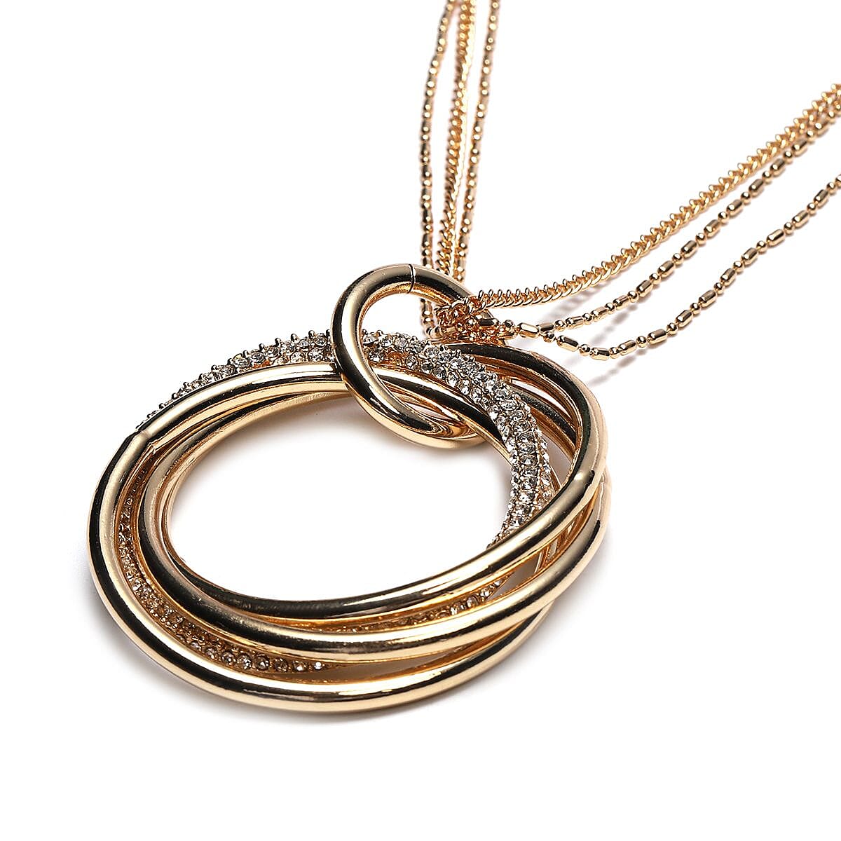 White Austrian Crystal Entwined Circles Pendant with Chain (Size 29 with 2 inch Extender) in Yellow Gold Tone