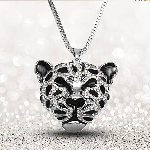 White Austrian Crystal Leopard Pendant with Chain (Size 28 with 3 inch Extender) in Silver Tone