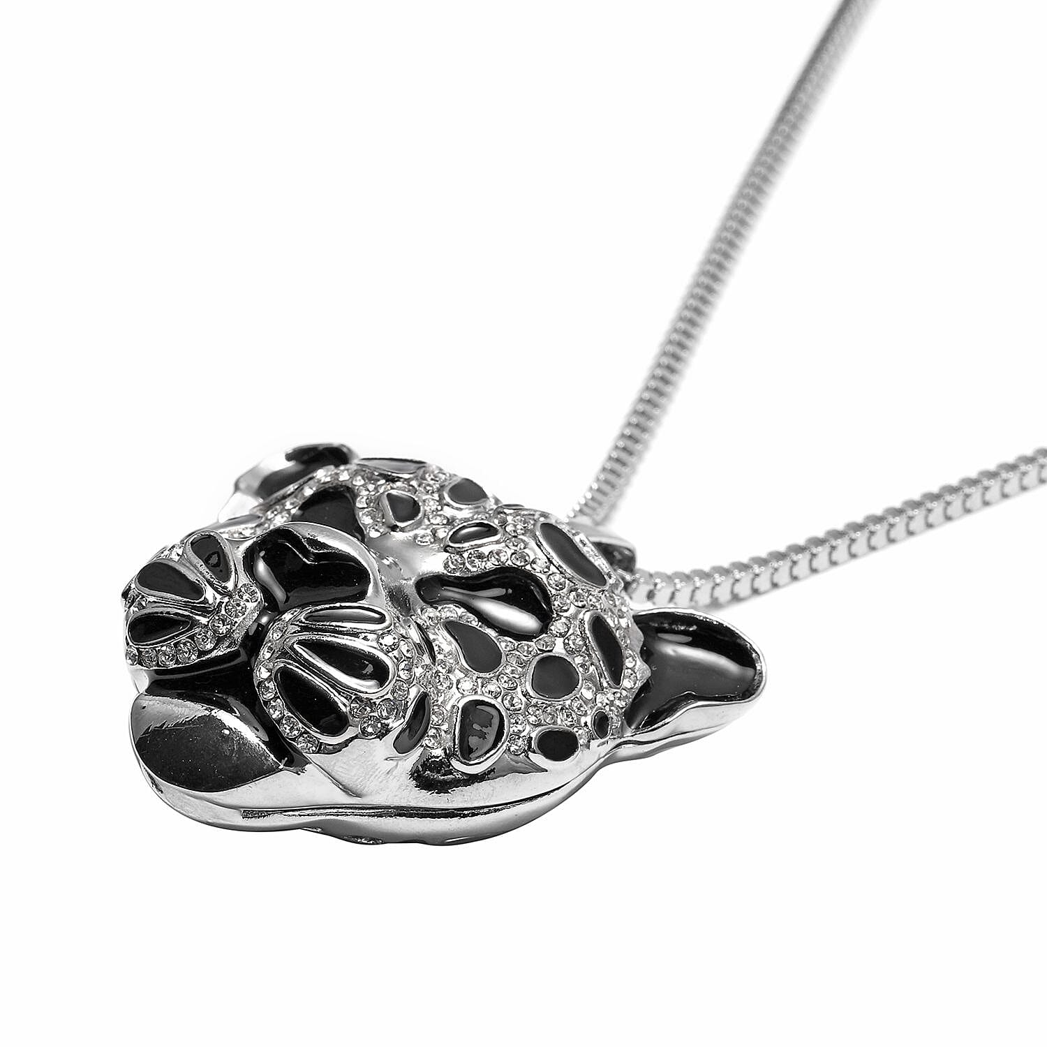 White Austrian Crystal Leopard Pendant with Chain (Size 28 with 3 inch Extender) in Silver Tone