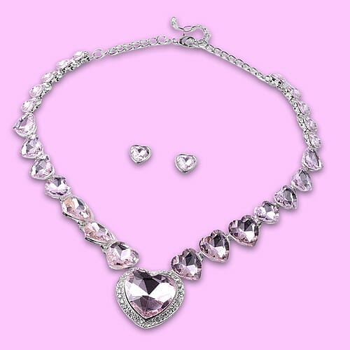 2 Piece Set - Simulated Pink Sapphire and White Austrian Crystal Heart Necklace (Size 20 with 1 inch Extender) and Earrings (with Push Back)