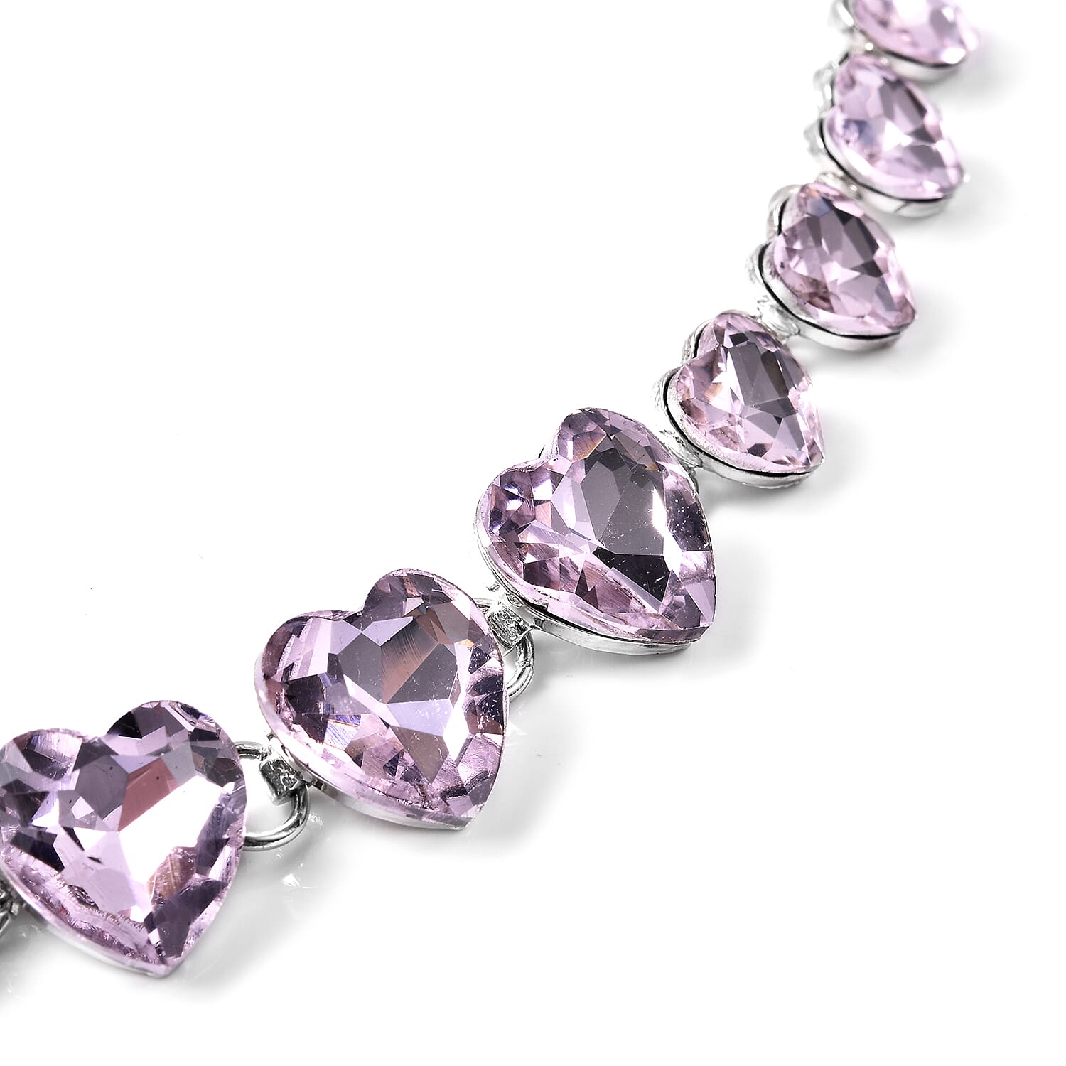 2 Piece Set - Simulated Pink Sapphire and White Austrian Crystal Heart Necklace (Size 20 with 1 inch Extender) and Earrings (with Push Back)