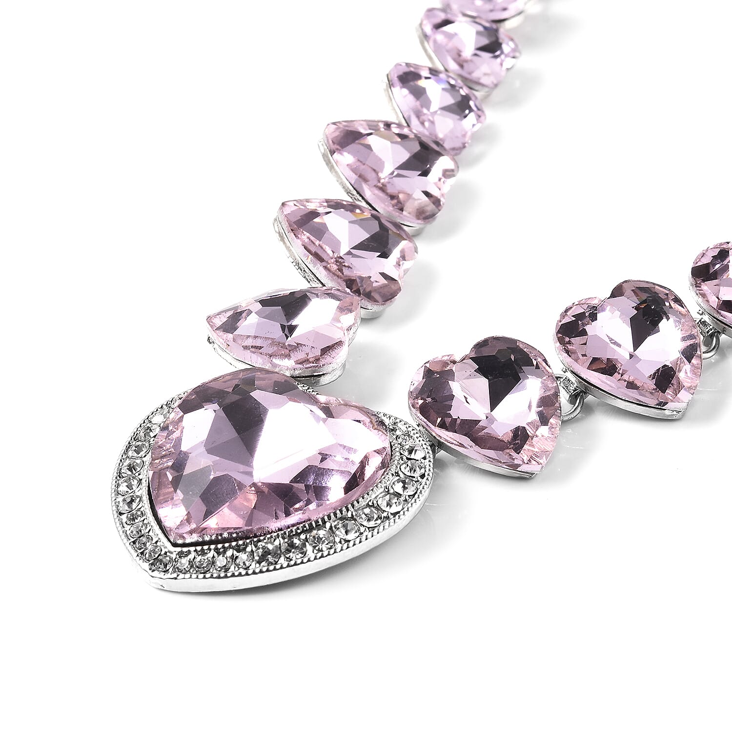 2 Piece Set - Simulated Pink Sapphire and White Austrian Crystal Heart Necklace (Size 20 with 1 inch Extender) and Earrings (with Push Back)