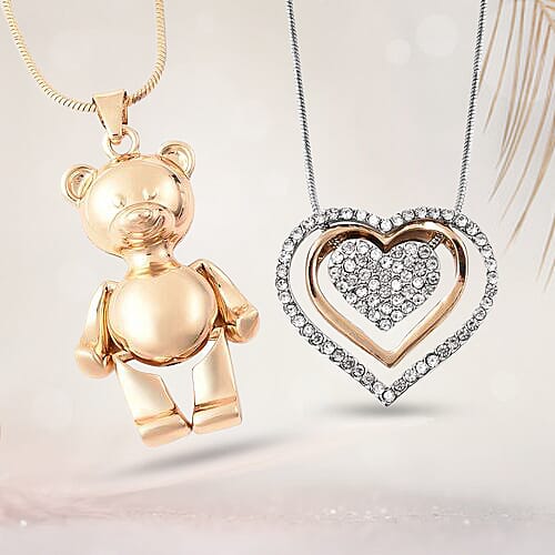 2 Piece Set - White Austrian Crystal Heart Necklace (Size 18 with 4 inch Extender) and Teddy Bear Pendant with Chain (Size 29 with 2.5 inch Extender) in Gold and Silver Tone