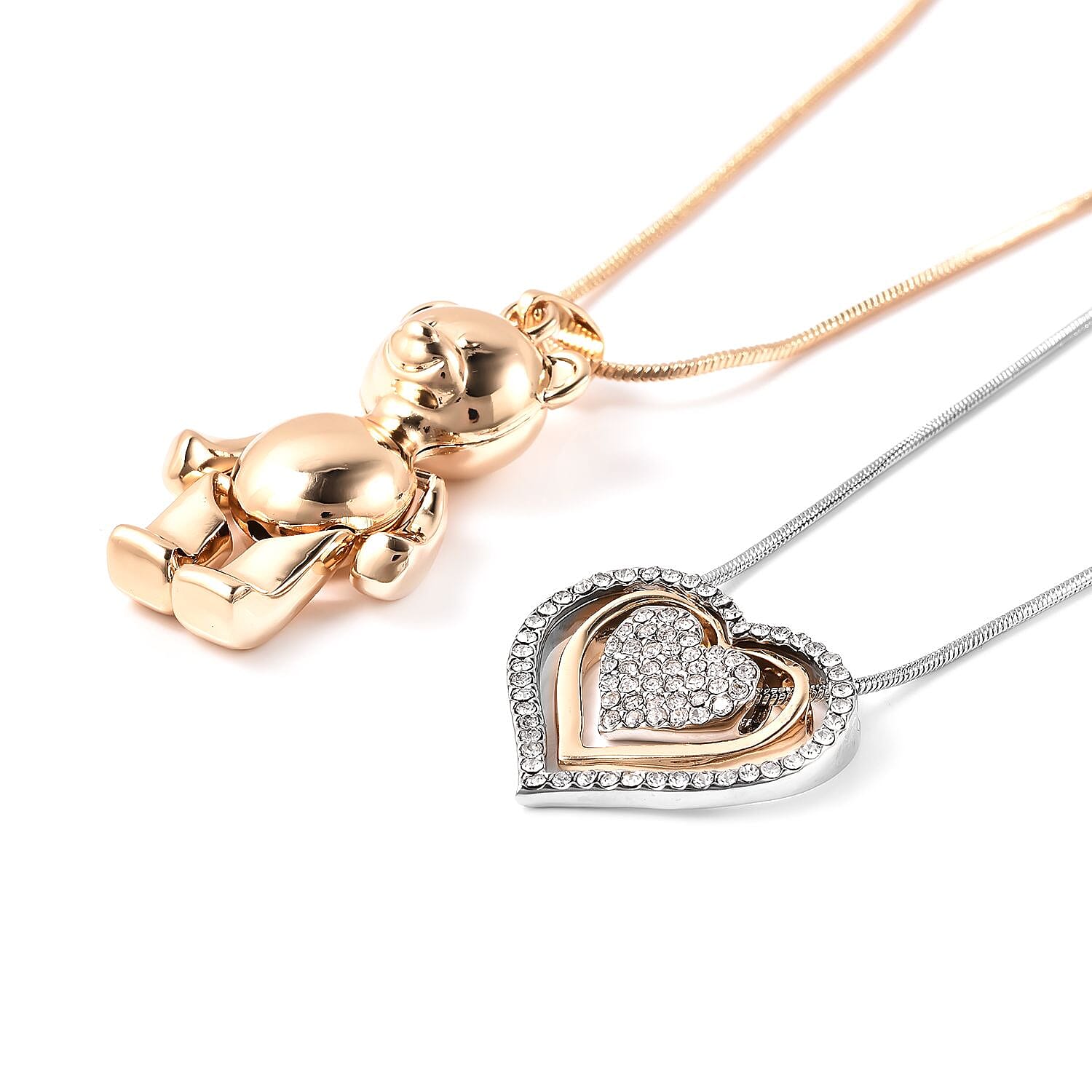 2 Piece Set - White Austrian Crystal Heart Necklace (Size 18 with 4 inch Extender) and Teddy Bear Pendant with Chain (Size 29 with 2.5 inch Extender) in Gold and Silver Tone
