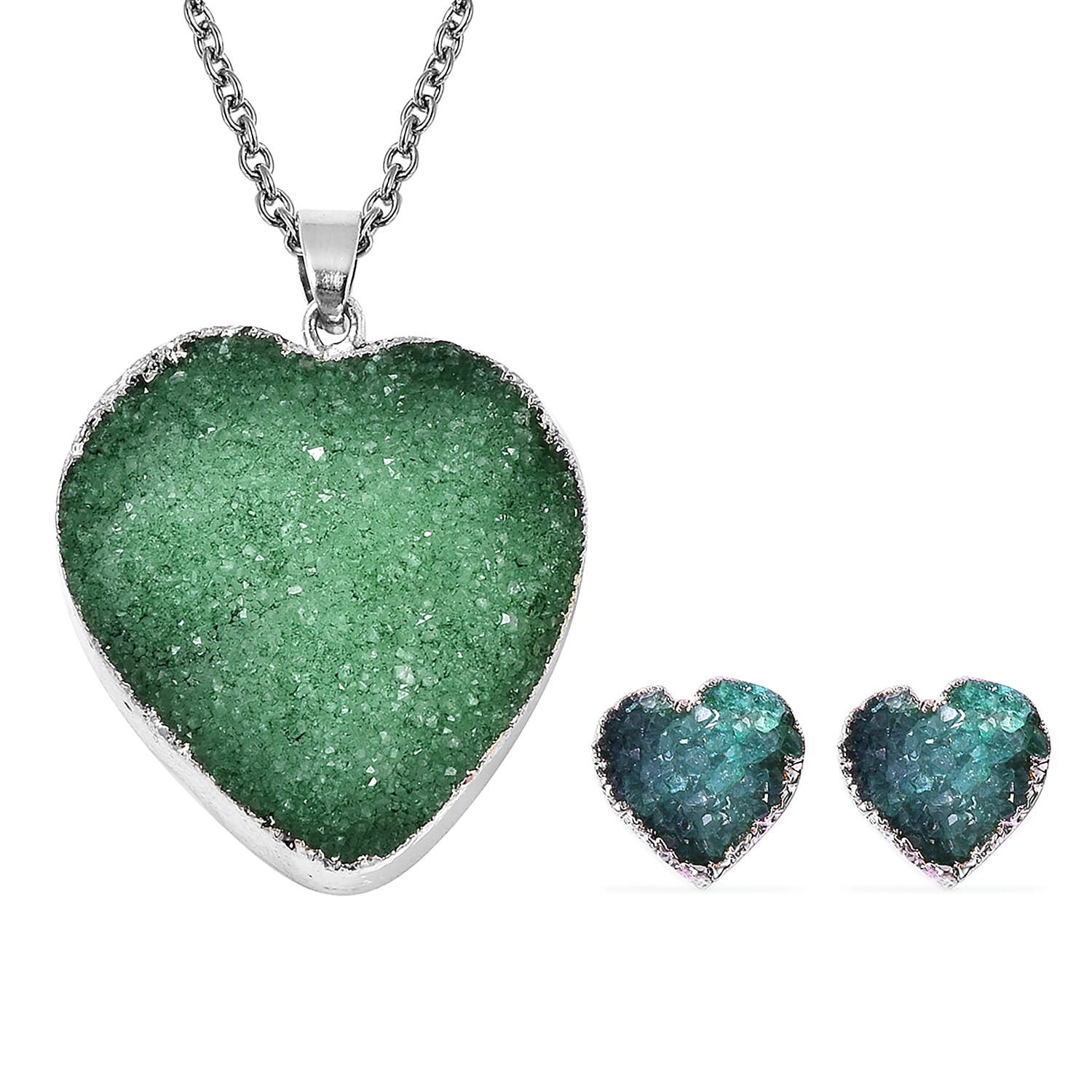 2 Piece Set -  Green Druzy Quartz Heart Stud Earrings (with Push Back) and Heart Pendant with Chain (Size 20) in Silver Tone
