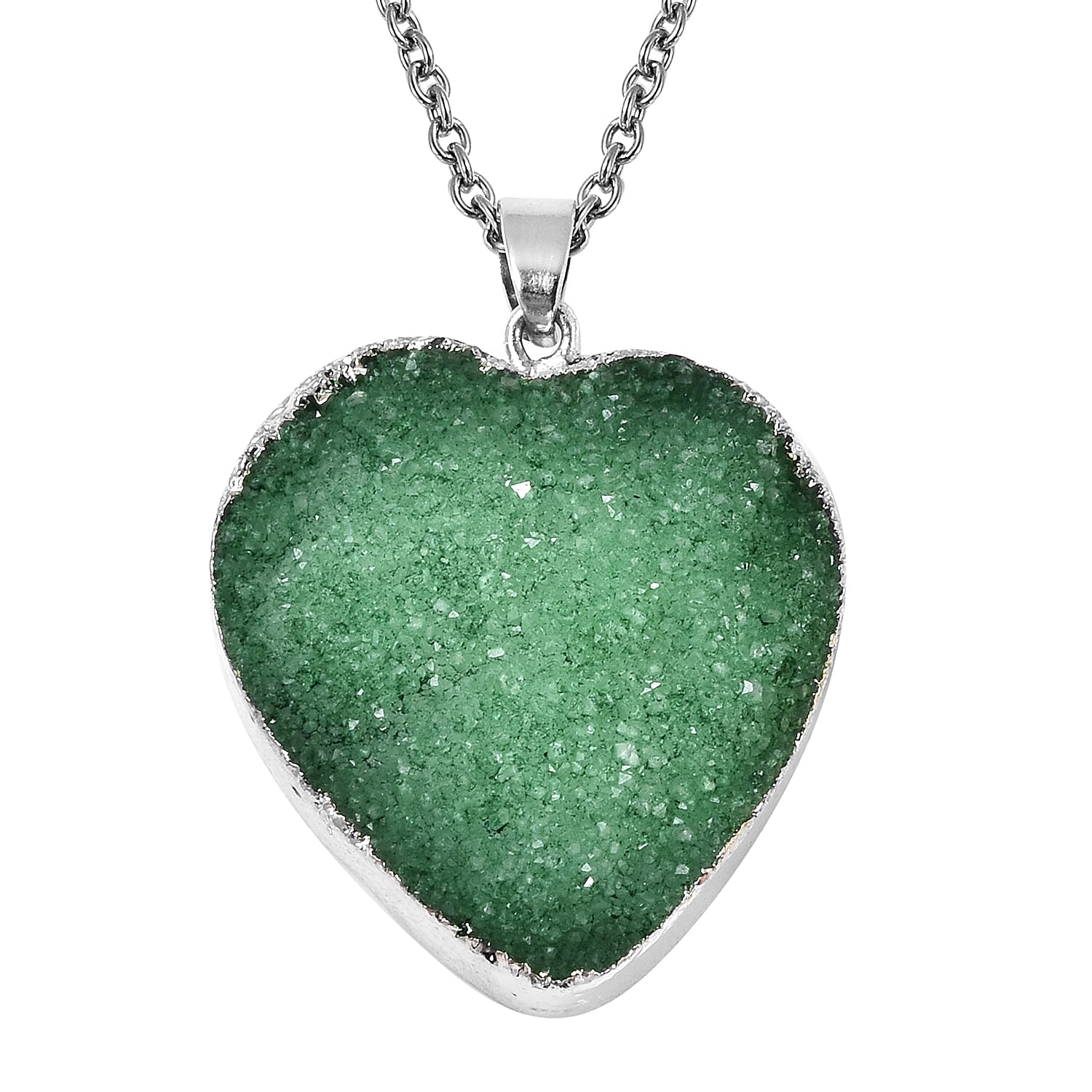 2 Piece Set -  Green Druzy Quartz Heart Stud Earrings (with Push Back) and Heart Pendant with Chain (Size 20) in Silver Tone