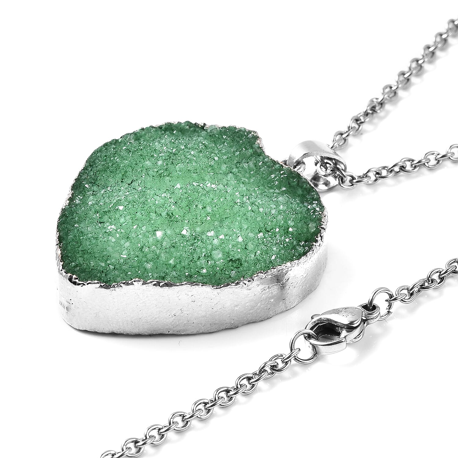 2 Piece Set -  Green Druzy Quartz Heart Stud Earrings (with Push Back) and Heart Pendant with Chain (Size 20) in Silver Tone