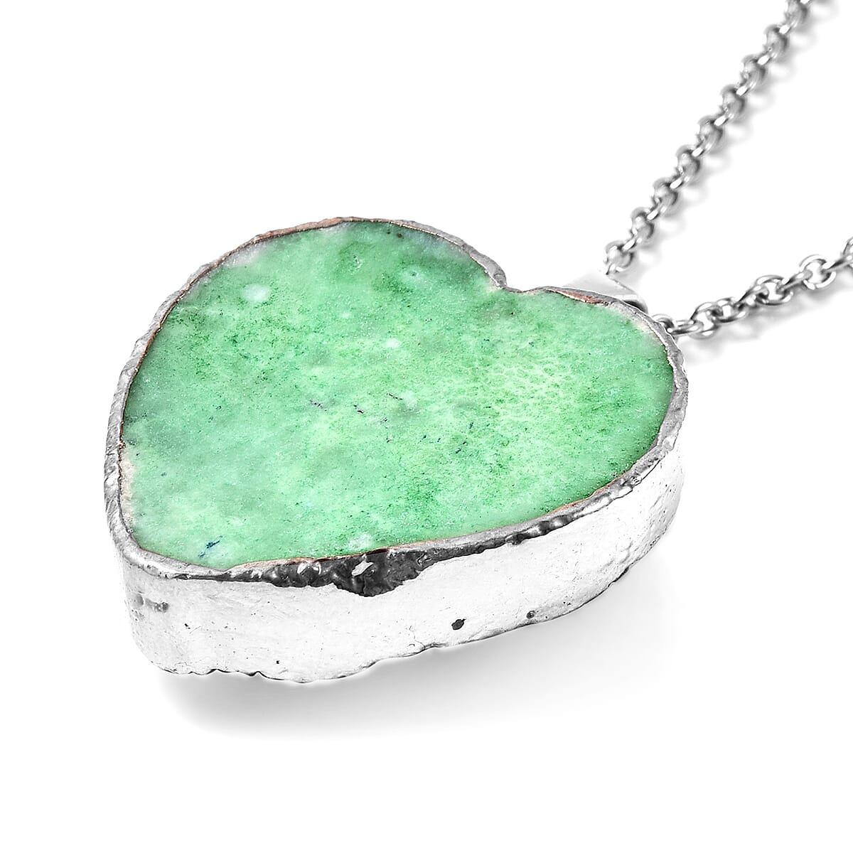 2 Piece Set -  Green Druzy Quartz Heart Stud Earrings (with Push Back) and Heart Pendant with Chain (Size 20) in Silver Tone