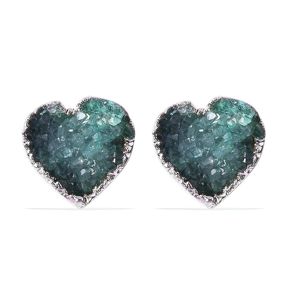 2 Piece Set -  Green Druzy Quartz Heart Stud Earrings (with Push Back) and Heart Pendant with Chain (Size 20) in Silver Tone