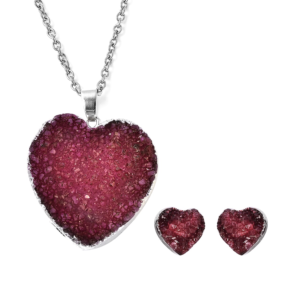 2 Piece Set - Fuchsia Druzy Quartz Heart Stud Earrings (with Push Back) and Heart Pendant with Chain (Size 20) in Silver Tone