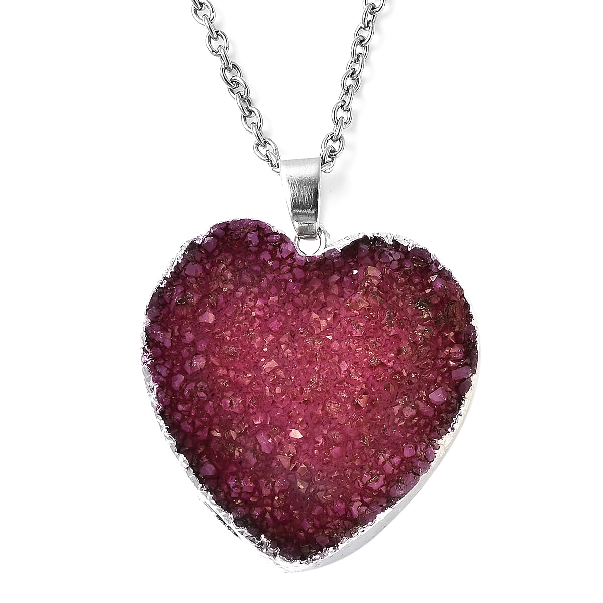 2 Piece Set - Fuchsia Druzy Quartz Heart Stud Earrings (with Push Back) and Heart Pendant with Chain (Size 20) in Silver Tone