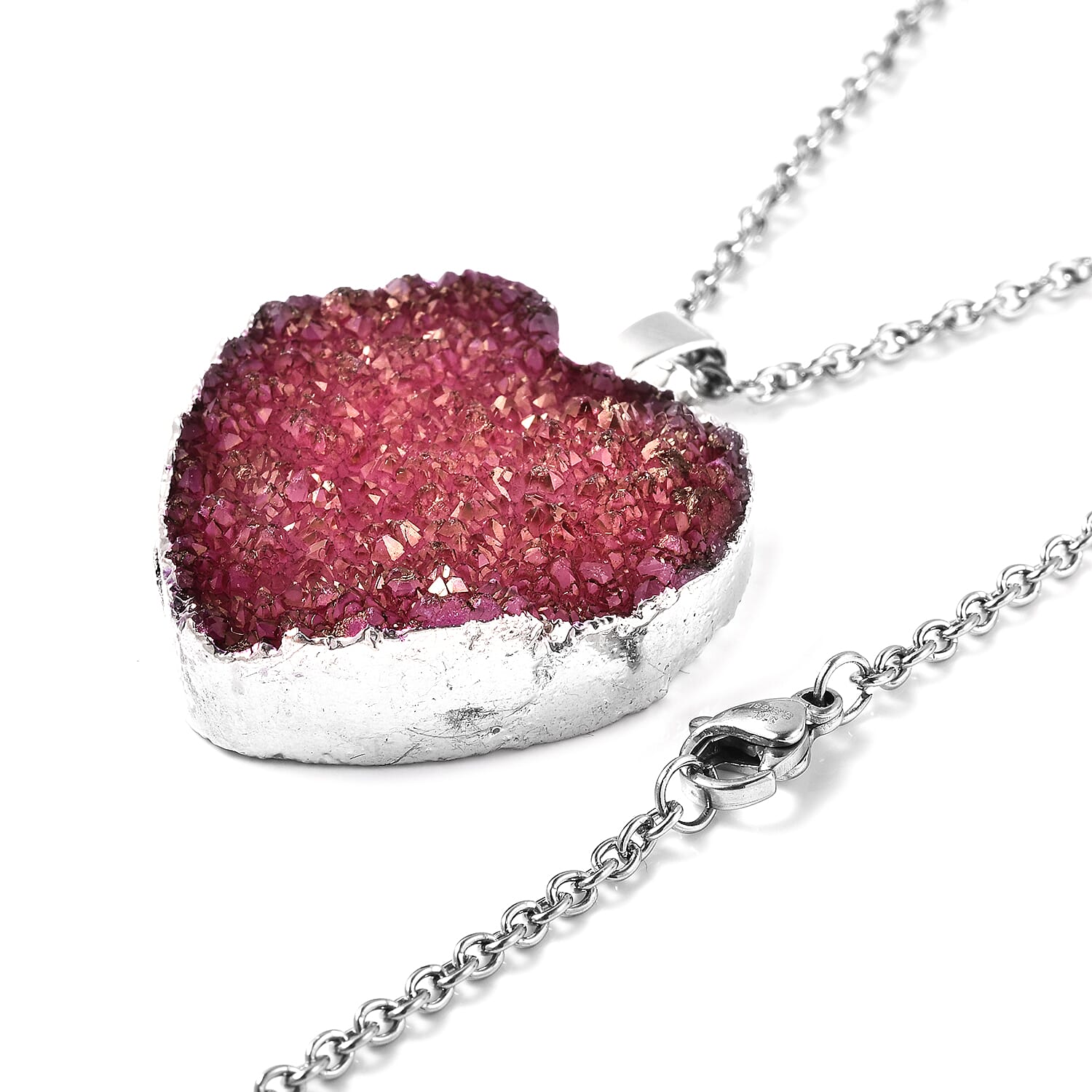 2 Piece Set - Fuchsia Druzy Quartz Heart Stud Earrings (with Push Back) and Heart Pendant with Chain (Size 20) in Silver Tone