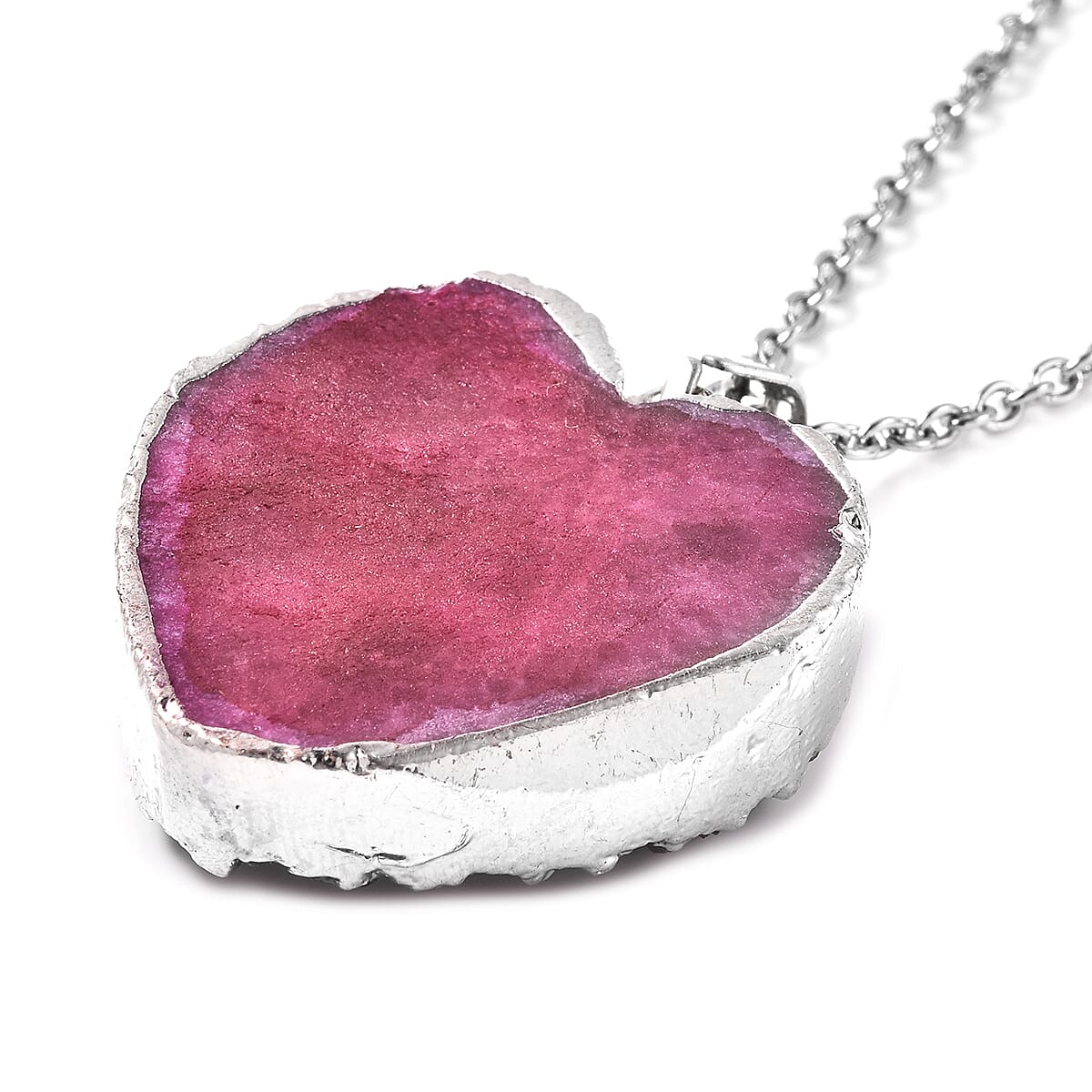 2 Piece Set - Fuchsia Druzy Quartz Heart Stud Earrings (with Push Back) and Heart Pendant with Chain (Size 20) in Silver Tone