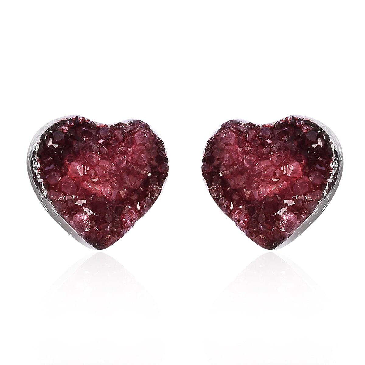 2 Piece Set - Fuchsia Druzy Quartz Heart Stud Earrings (with Push Back) and Heart Pendant with Chain (Size 20) in Silver Tone
