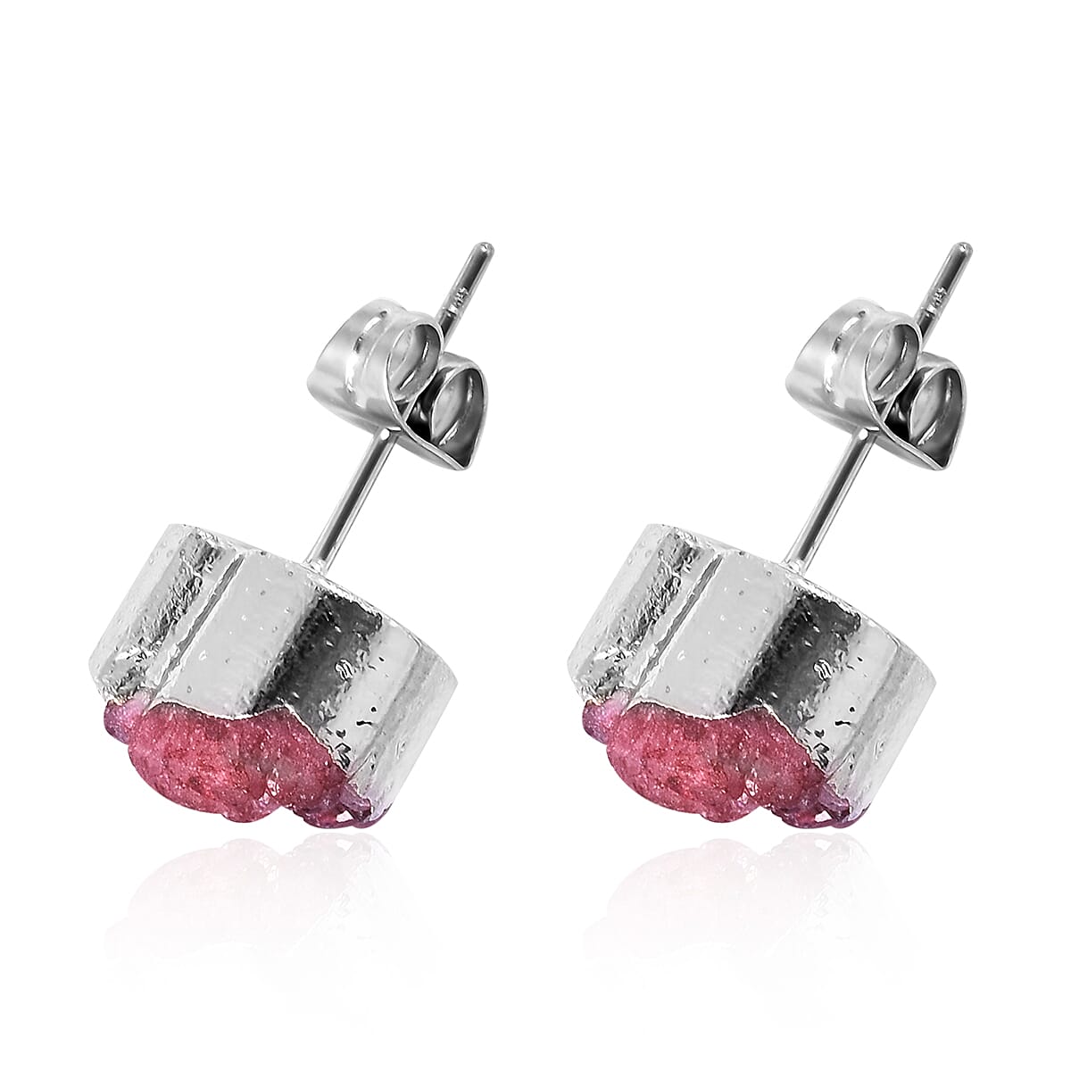 2 Piece Set - Fuchsia Druzy Quartz Heart Stud Earrings (with Push Back) and Heart Pendant with Chain (Size 20) in Silver Tone