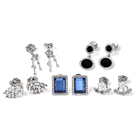 Set of 5 - White & Black Austrian Crystal, Simulated Diamond and Blue Topaz Enamelled Push Back Earrings