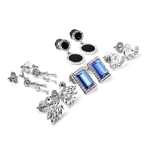 Set of 5 - White & Black Austrian Crystal, Simulated Diamond and Blue Topaz Enamelled Push Back Earrings