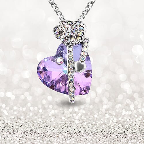 Simulated Purple Quartz and White AB Austrian Crystal Heart and Rose Necklace (Size 20 with 2 inch Extender) in Silver Tone