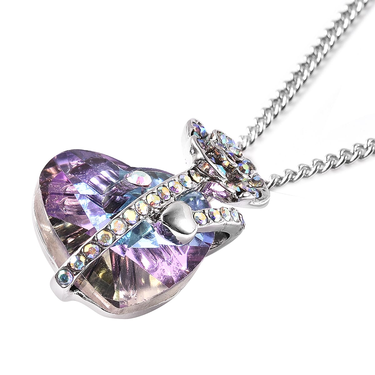 Simulated Purple Quartz and White AB Austrian Crystal Heart and Rose Necklace (Size 20 with 2 inch Extender) in Silver Tone