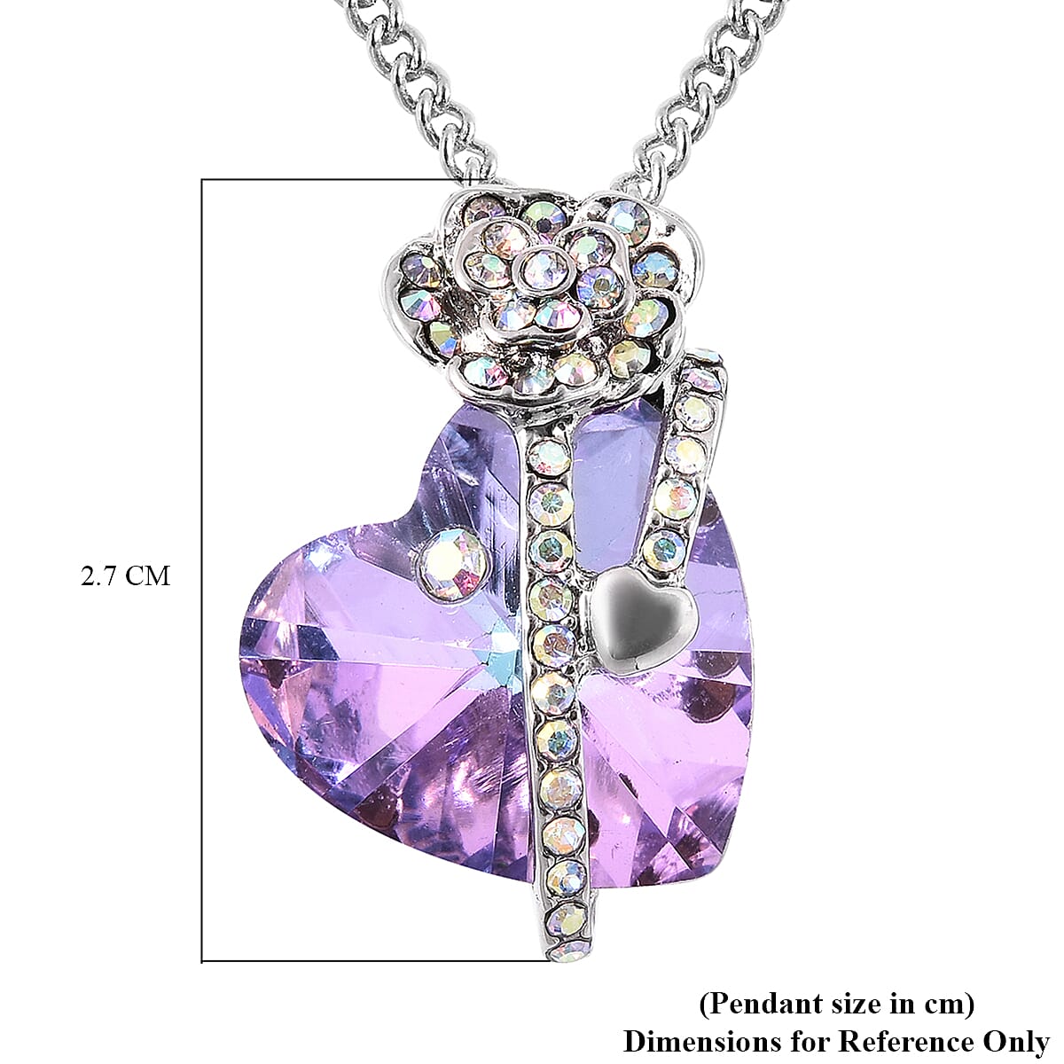 Simulated Purple Quartz and White AB Austrian Crystal Heart and Rose Necklace (Size 20 with 2 inch Extender) in Silver Tone