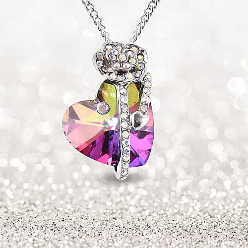 Simulated Mystic Topaz and White AB Austrian Crystal Heart and Rose Necklace (Size 20 with 2 inch Extender) in Silver Tone