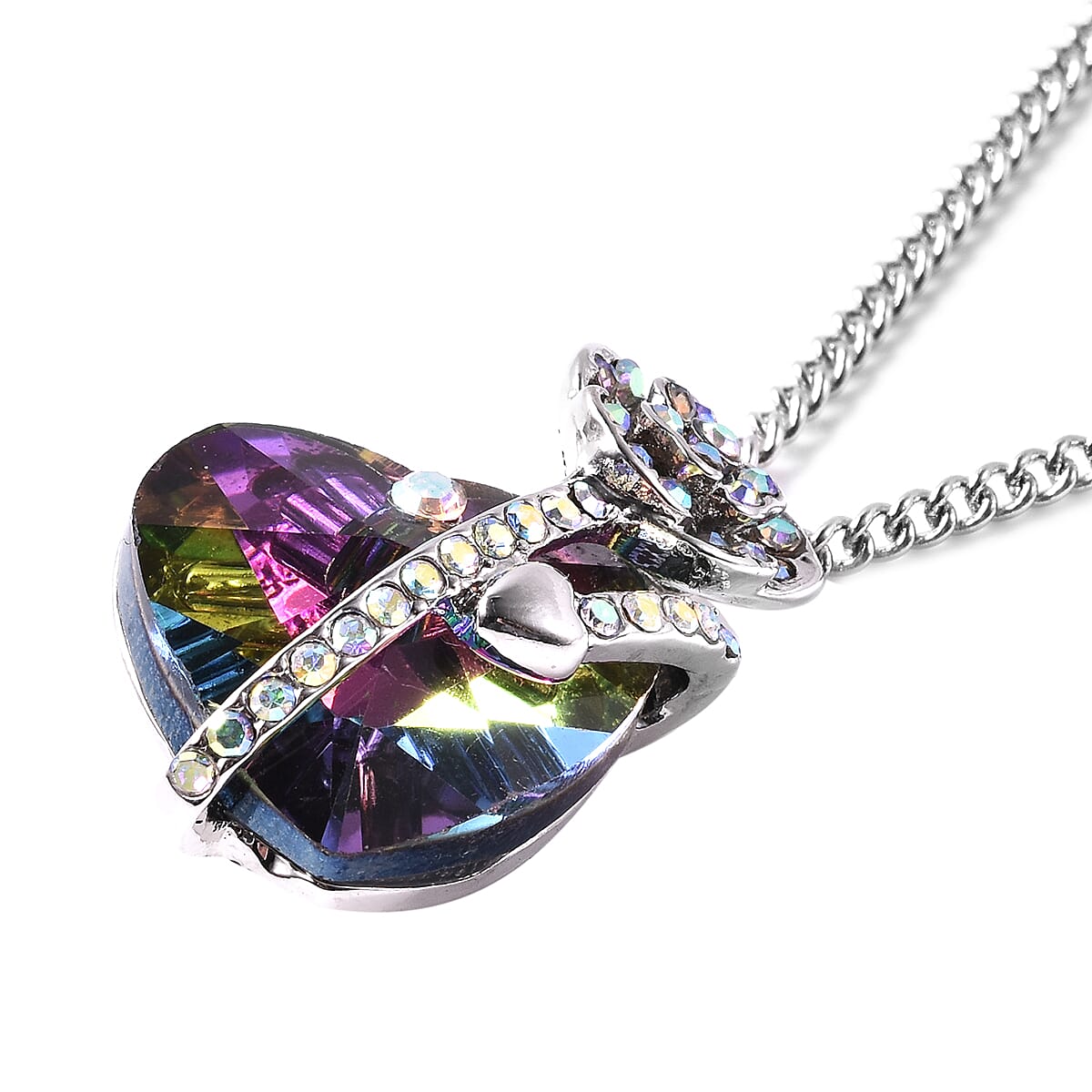 Simulated Mystic Topaz and White AB Austrian Crystal Heart and Rose Necklace (Size 20 with 2 inch Extender) in Silver Tone