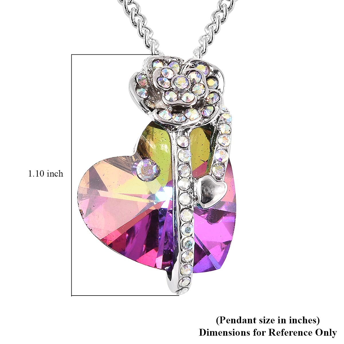 Simulated Mystic Topaz and White AB Austrian Crystal Heart and Rose Necklace (Size 20 with 2 inch Extender) in Silver Tone