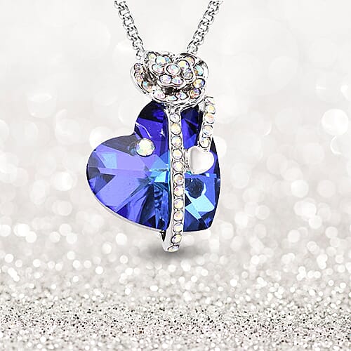 Simulated Tanzanite and White AB Austrian Crystal Heart and Rose Necklace (Size 20 with 2 inch Extender) in Silver Tone