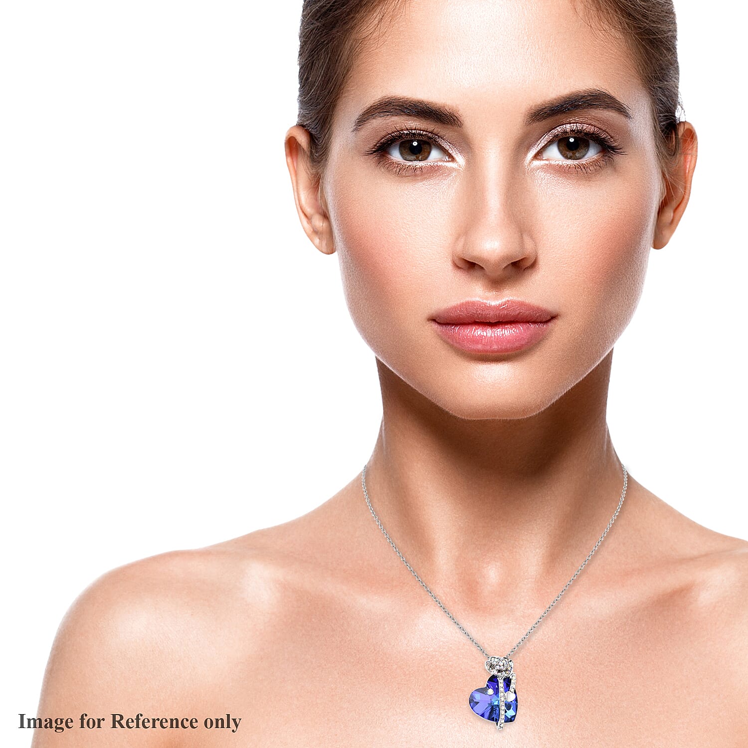 Simulated Tanzanite and White AB Austrian Crystal Heart and Rose Necklace (Size 20 with 2 inch Extender) in Silver Tone