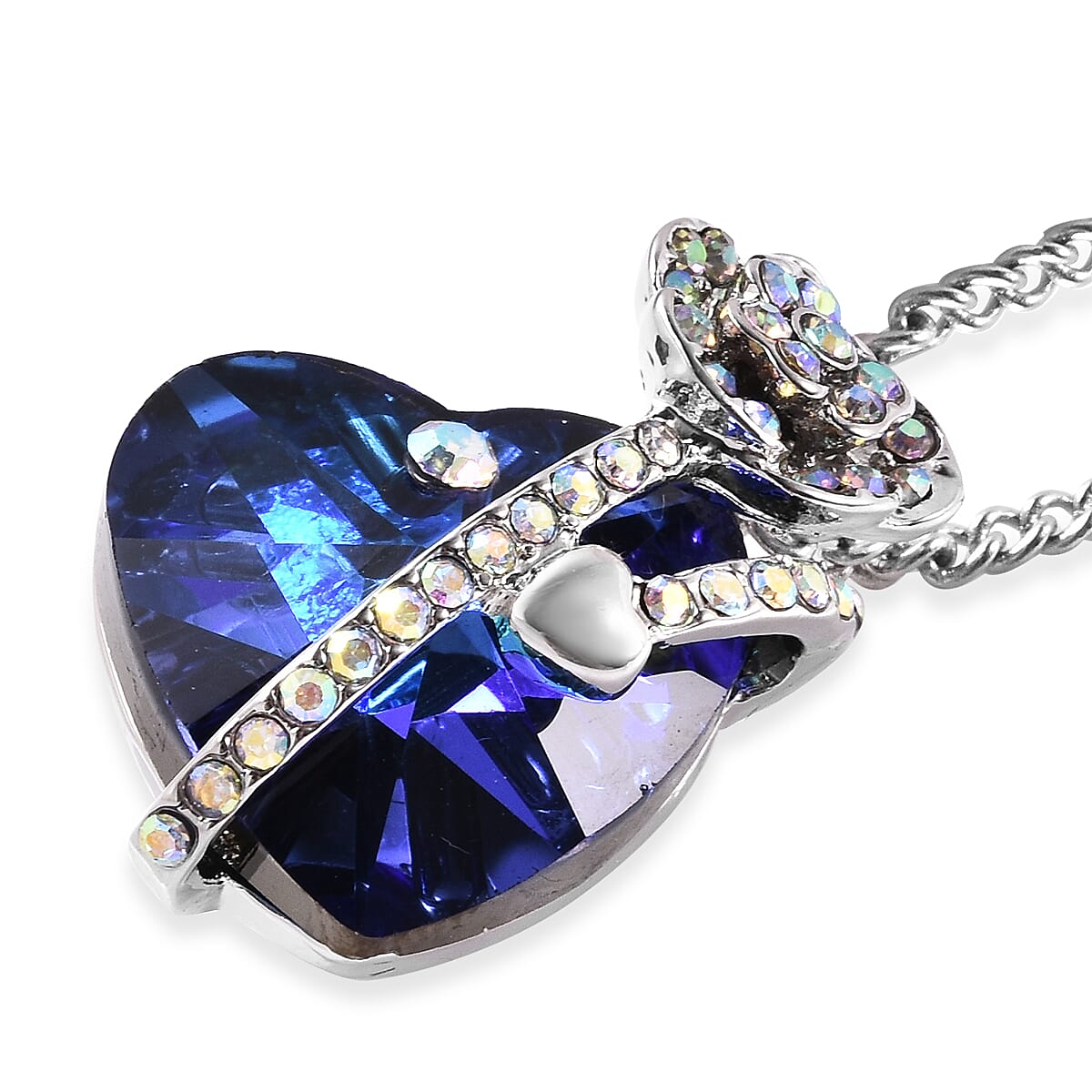 Simulated Tanzanite and White AB Austrian Crystal Heart and Rose Necklace (Size 20 with 2 inch Extender) in Silver Tone