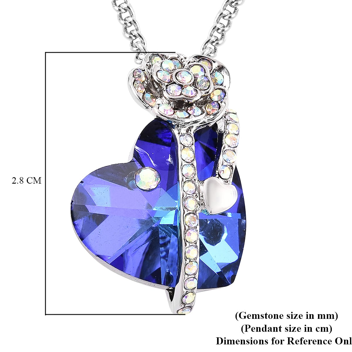 Simulated Tanzanite and White AB Austrian Crystal Heart and Rose Necklace (Size 20 with 2 inch Extender) in Silver Tone