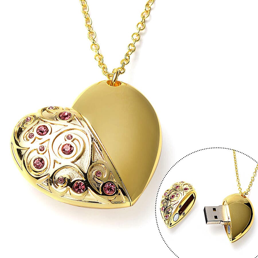 Pink Austrian Crystal Pendant with Chain (Size 24) with USB Storage Device 16GB in Gold Tone