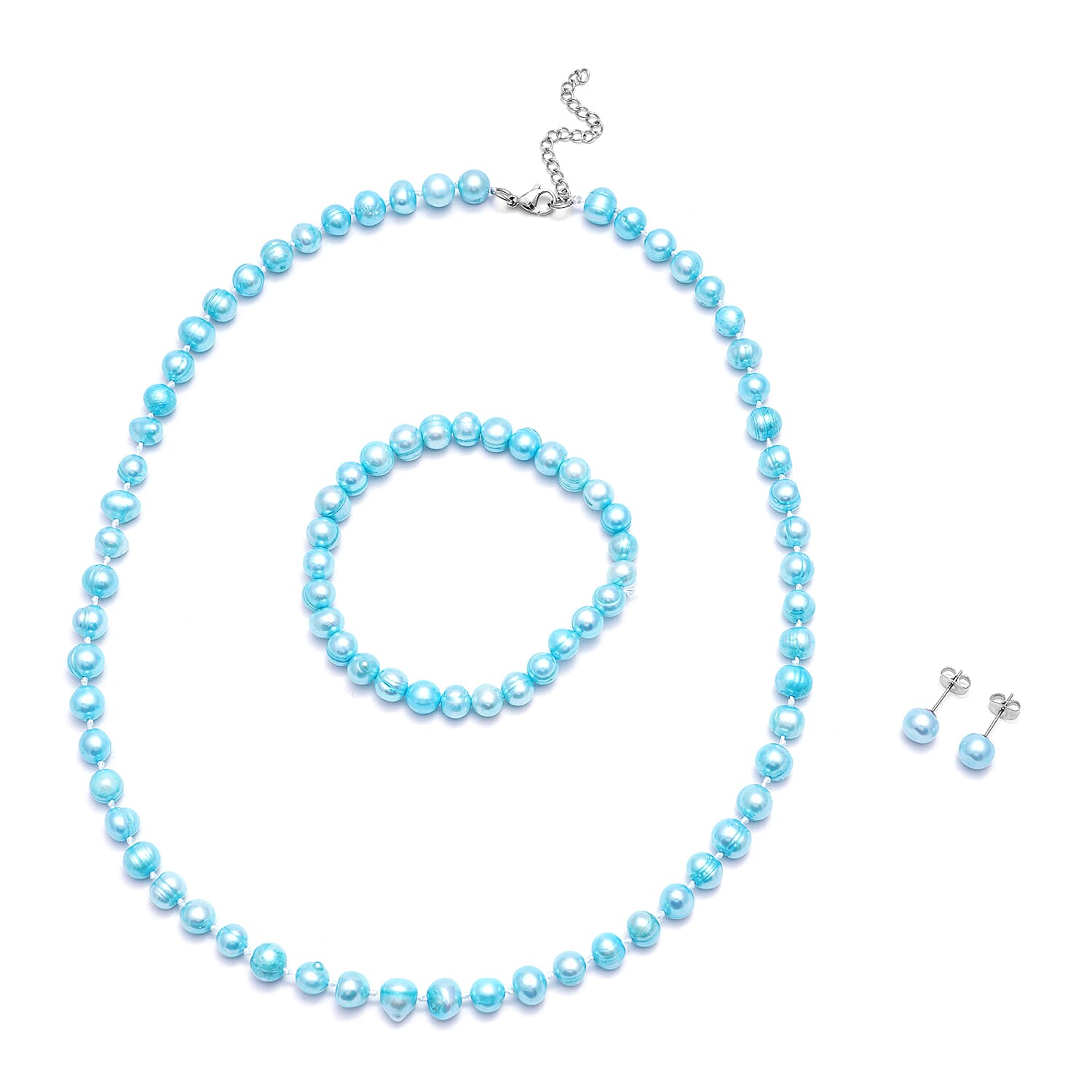 3 Piece Set -  Blue Freshwater Pearl Stretchable Bracelet (Size 6.5-7.5), Stud Earrings (with Push Back) and Necklace (Size 18 with 2 inch Extender)