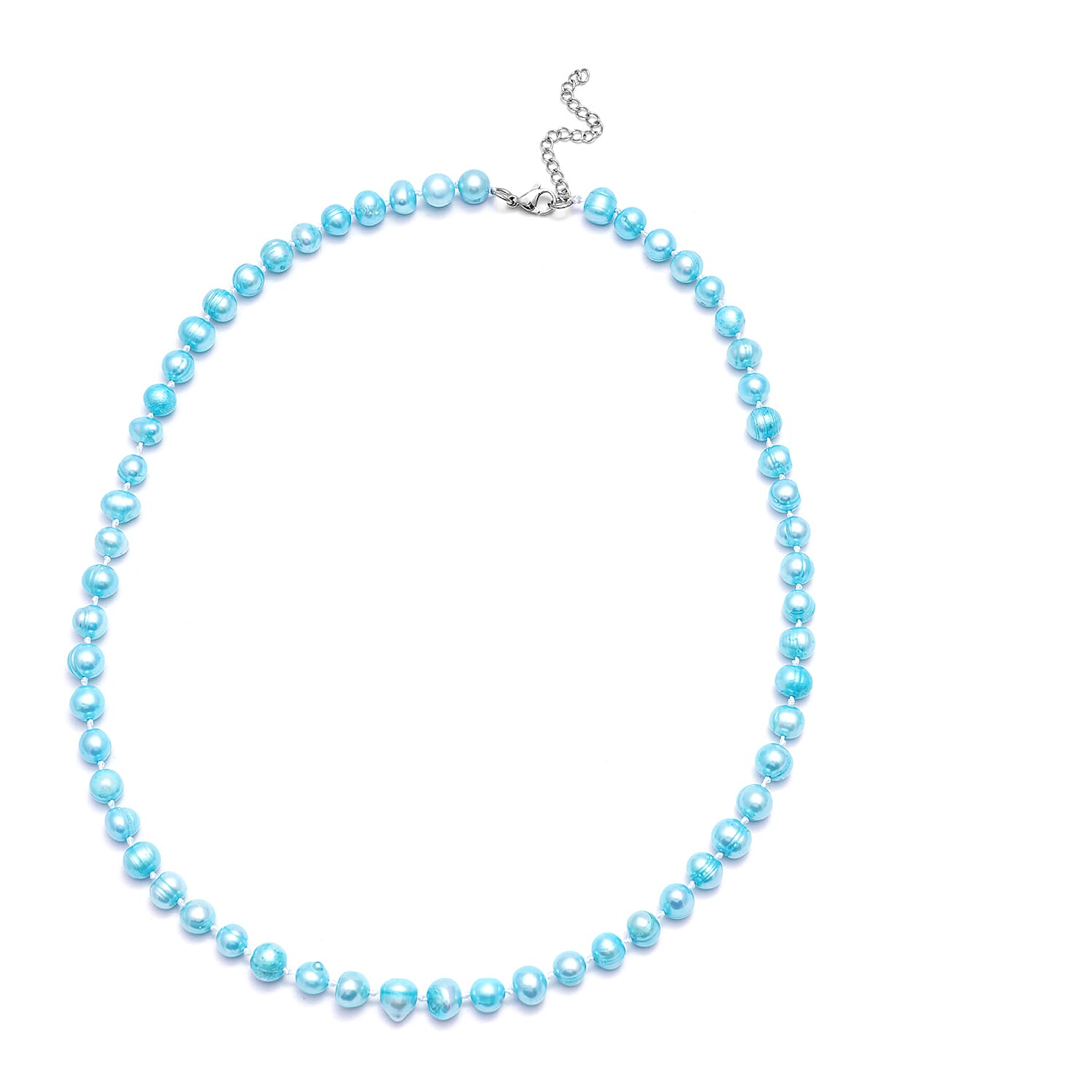 3 Piece Set -  Blue Freshwater Pearl Stretchable Bracelet (Size 6.5-7.5), Stud Earrings (with Push Back) and Necklace (Size 18 with 2 inch Extender)