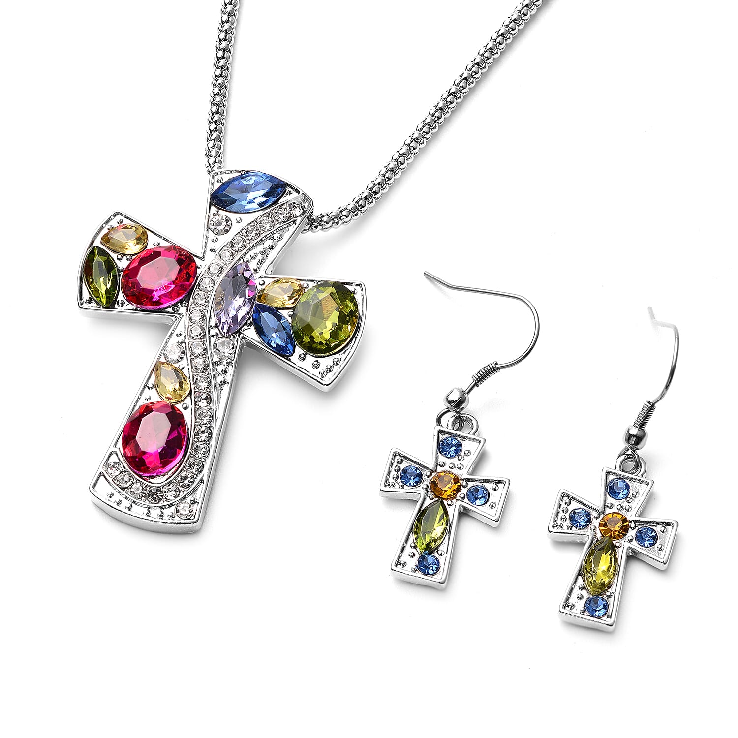 2 Piece Set - Simulated Multi Colour Gemstone and Multi Colour Austrian Crystal Cross Pendant with Chain (Size 24 with 3 inch Extender) and Hook Earrings in Stainless Steel