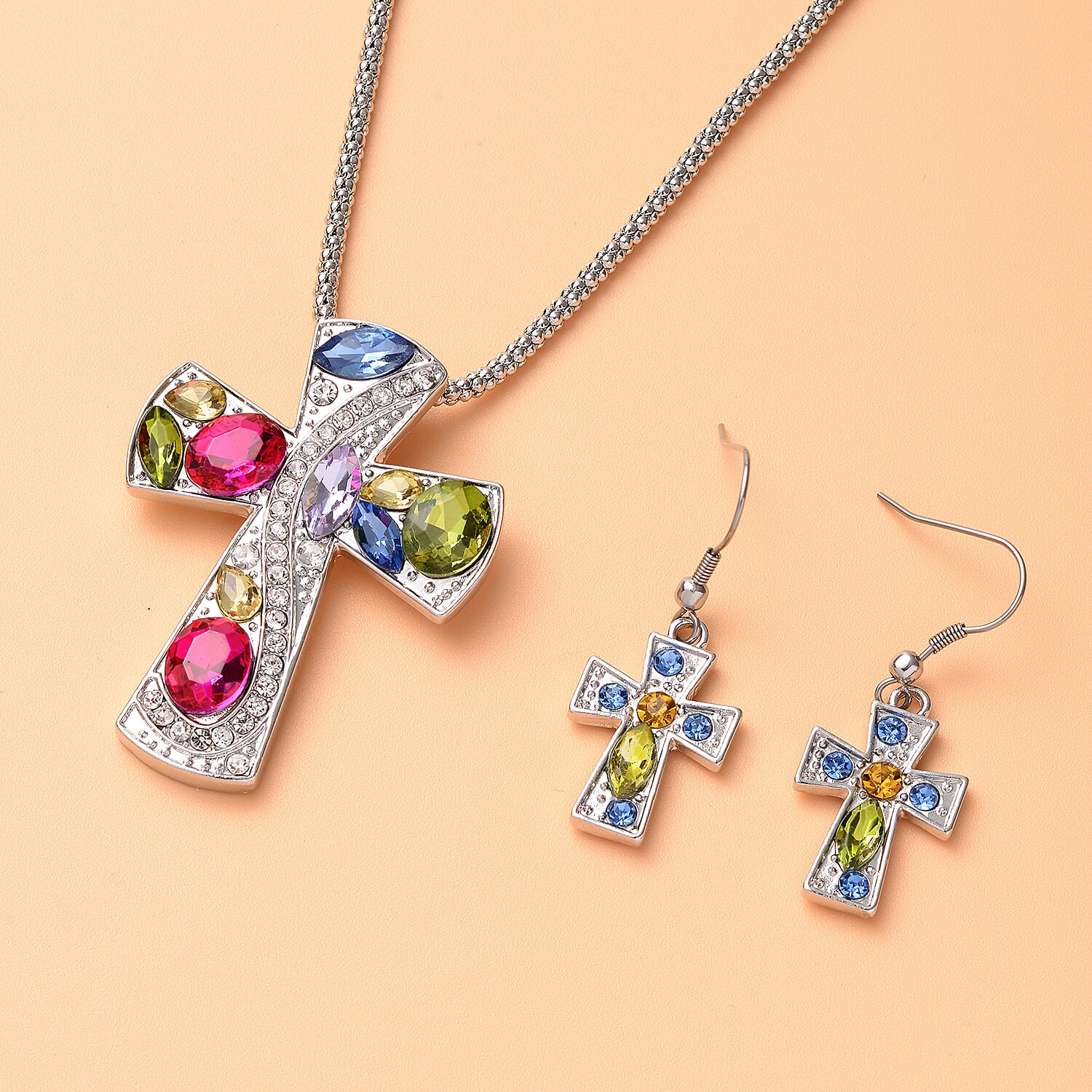 2 Piece Set - Simulated Multi Colour Gemstone and Multi Colour Austrian Crystal Cross Pendant with Chain (Size 24 with 3 inch Extender) and Hook Earrings in Stainless Steel