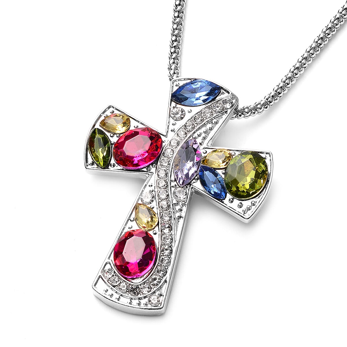 2 Piece Set - Simulated Multi Colour Gemstone and Multi Colour Austrian Crystal Cross Pendant with Chain (Size 24 with 3 inch Extender) and Hook Earrings in Stainless Steel