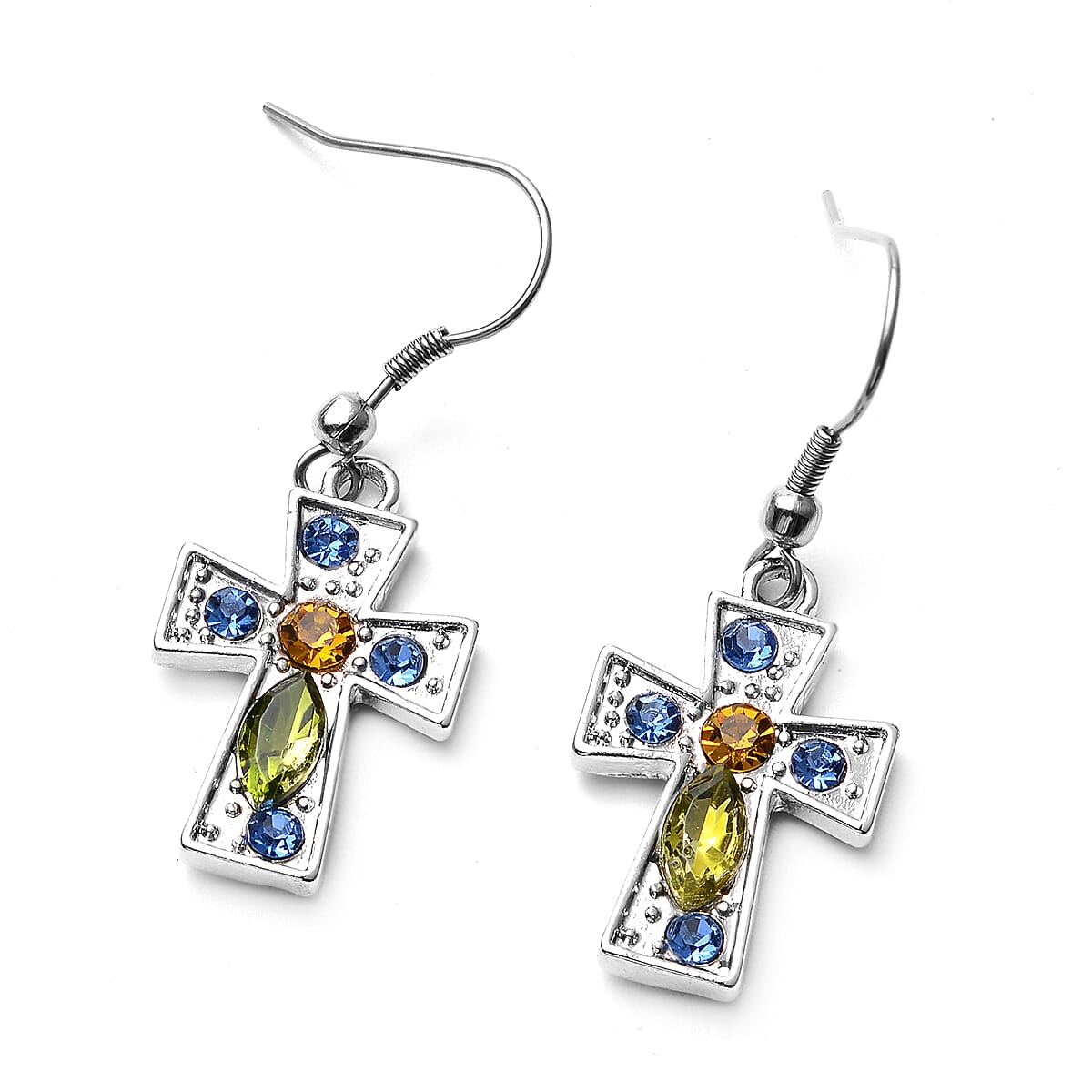 2 Piece Set - Simulated Multi Colour Gemstone and Multi Colour Austrian Crystal Cross Pendant with Chain (Size 24 with 3 inch Extender) and Hook Earrings in Stainless Steel