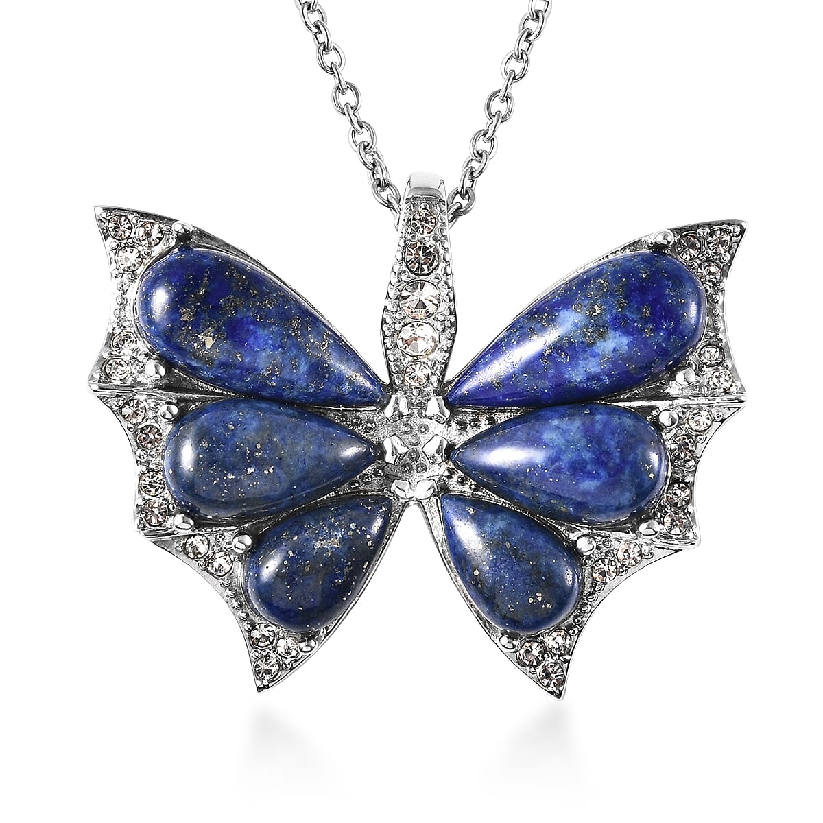 Lapis Lazuli and White Austrian Crystal Butterfly Pendant with Chain (Size 20) 15.750 Ct.