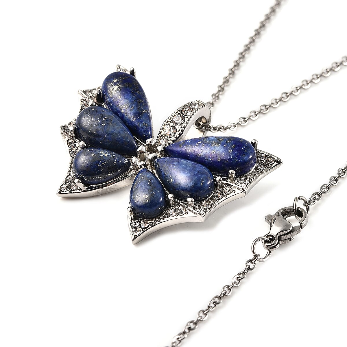 Lapis Lazuli and White Austrian Crystal Butterfly Pendant with Chain (Size 20) 15.750 Ct.