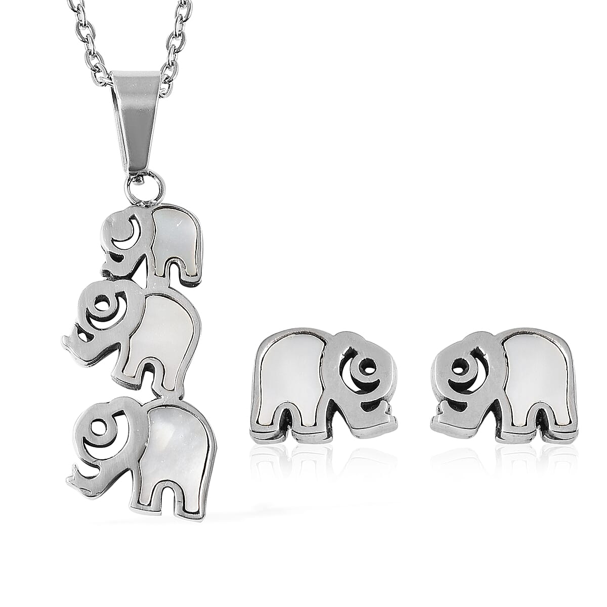 2 Piece Set -  White Mother of Pearl Elephant Necklace (Size 20) and Earrings (with Push Back) in Stainless Steel