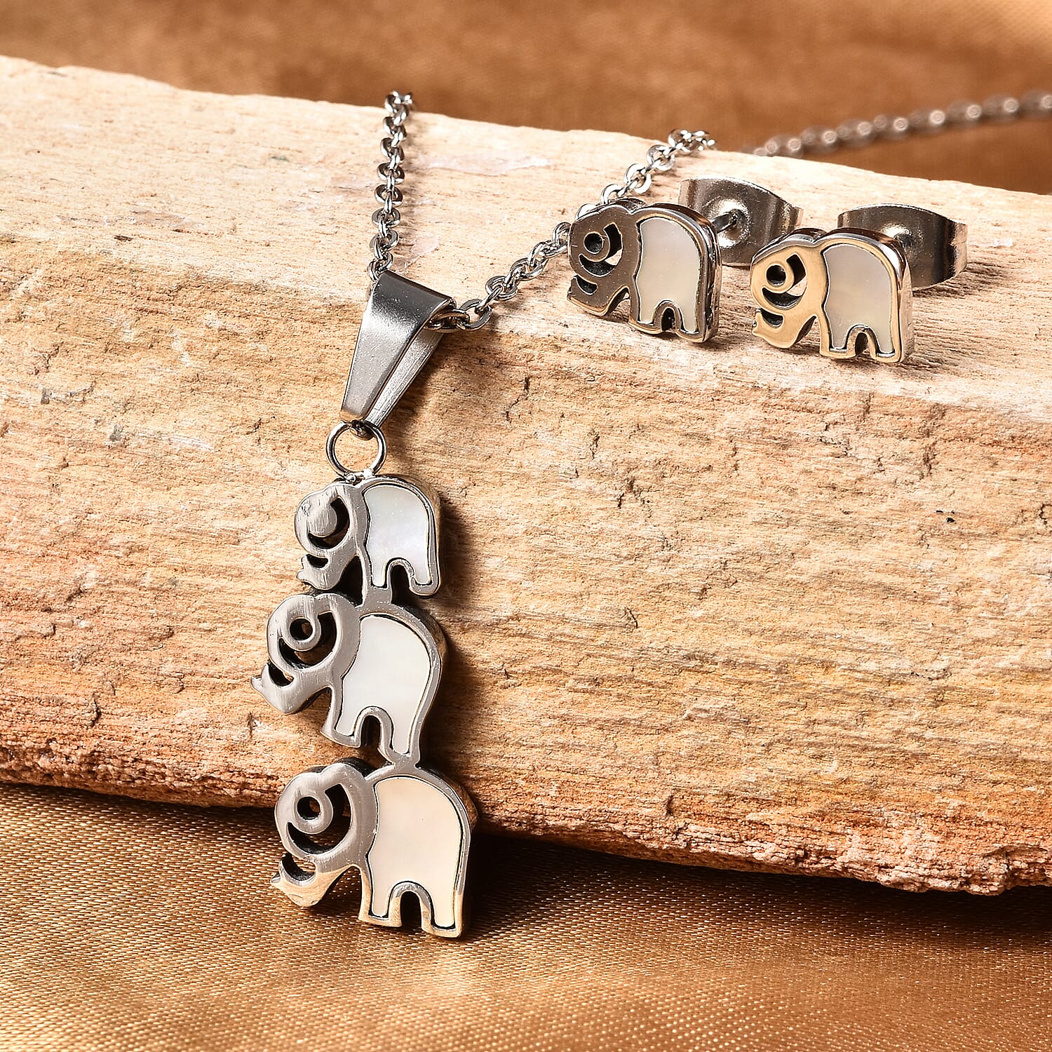 2 Piece Set -  White Mother of Pearl Elephant Necklace (Size 20) and Earrings (with Push Back) in Stainless Steel